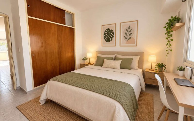 Dormitorio minimalista con detalles botánicos
