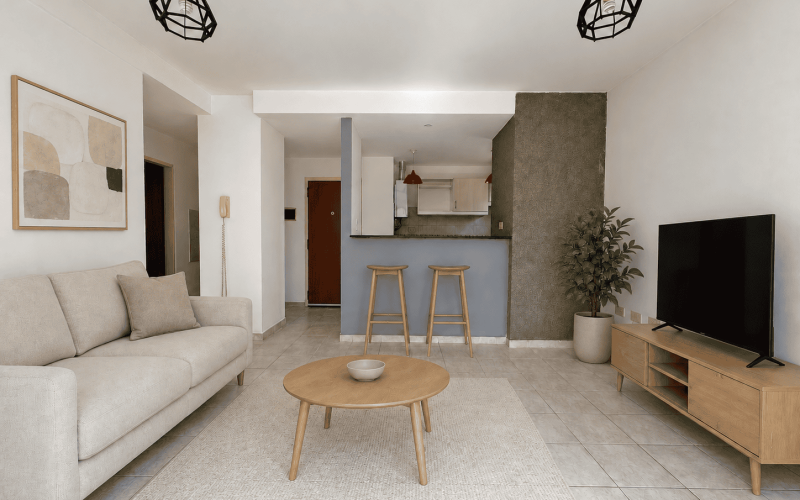 Sala minimalista con arte y planta
